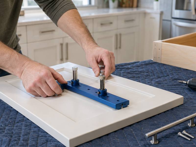 A drilling template clamped to a white cabinet door on a padded mat.