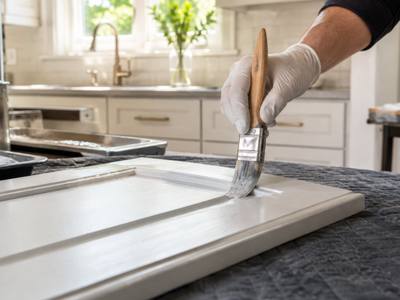 A gloved hand brushing white paint along the edge of a door on a padded table.