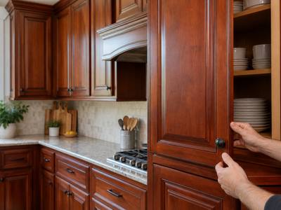 A cherry stained kitchen with raised panel doors and a hand resting on one door.