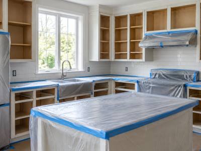 A Willowdale kitchen with every door removed and the counters wrapped in plastic and tape.