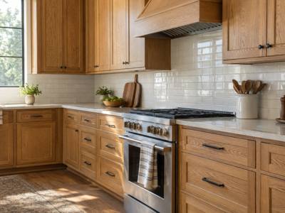 A golden oak kitchen with a range and tile backsplash before any painting.