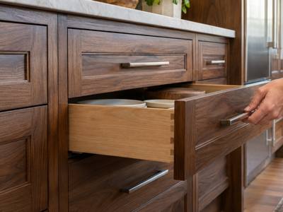 A hand pulling open a walnut drawer in a stack of wood drawers.