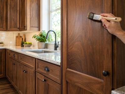 A dark walnut stained kitchen with a hand brushing finish on a tall door.