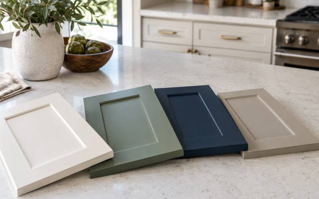 Four painted sample doors in white, sage, navy and greige laid on a counter.