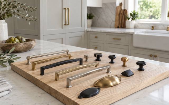 A board of handle and knob samples laid on a kitchen counter.
