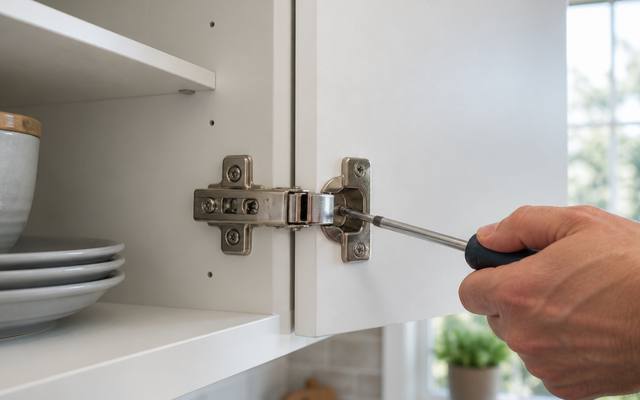 A screwdriver fixing a soft-close hinge inside a white cabinet.