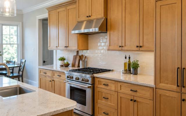 A honey maple stained kitchen with a stone-topped island.