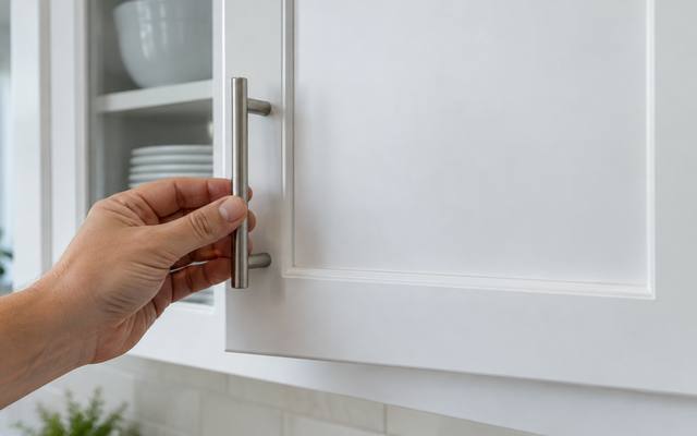 A hand opening a smooth sprayed white cabinet door.