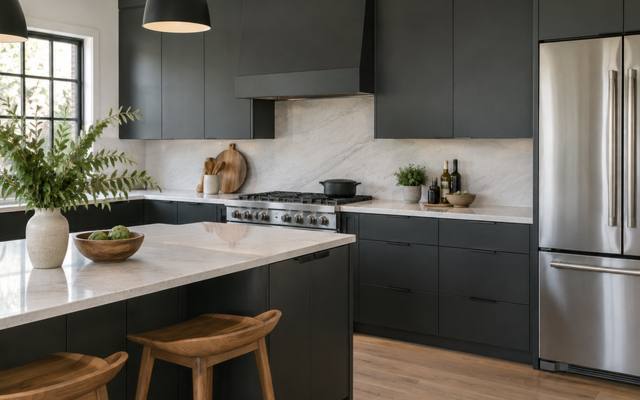 A charcoal grey painted kitchen with a white-topped island and wood stools.
