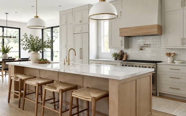 An open-plan Willowdale kitchen with a long wood island, pendant lights and white cabinets.