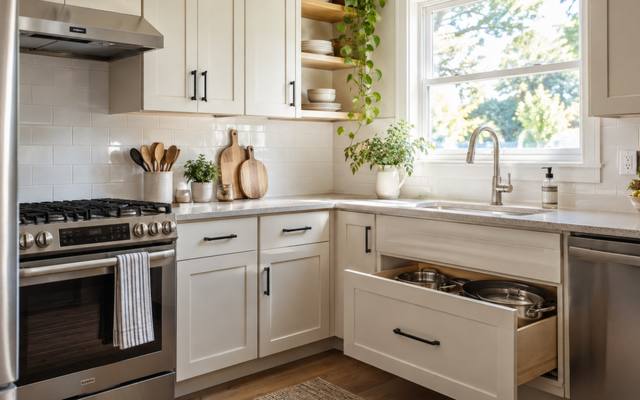 A compact white kitchen with a range and a deep drawer pulled open.