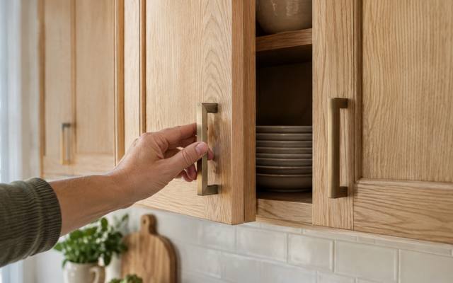 A hand opening a white oak upper cabinet with the grain clearly visible.