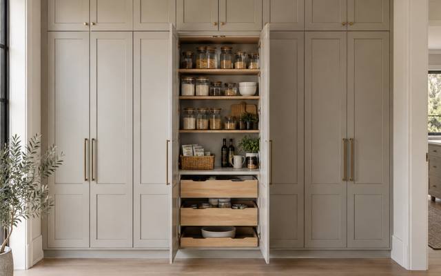 Light grey floor-to-ceiling pantry cabinets with one pantry door open.