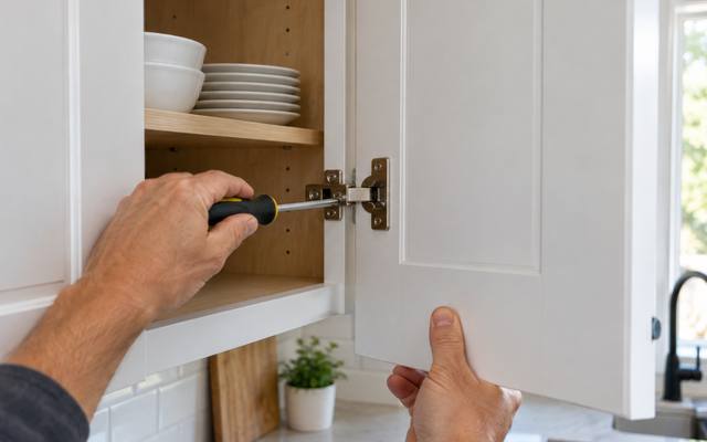 A hand adjusting the hinge on a white cabinet door.