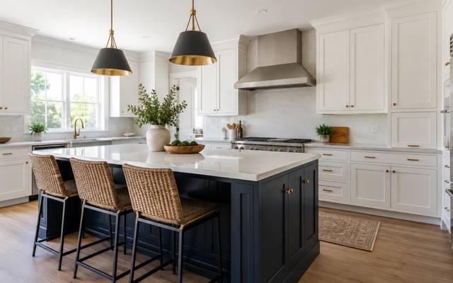 A navy blue island in front of white perimeter cabinets under pendant lights.