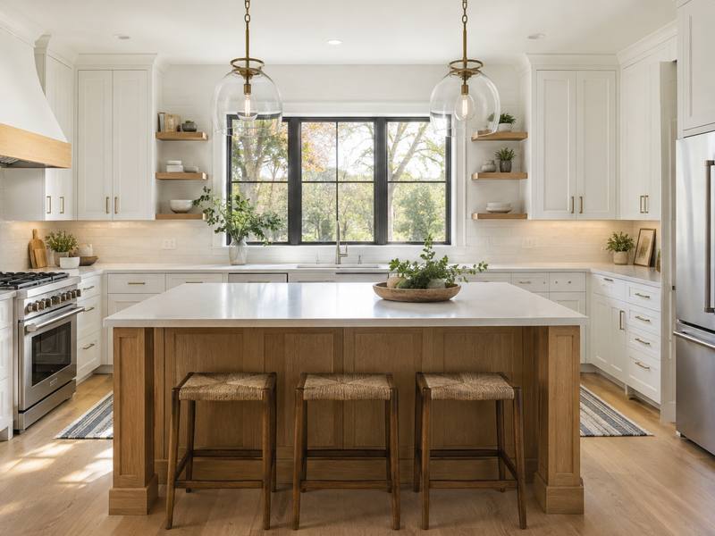 A white kitchen with a large pale wood island, pendant lights and stools.